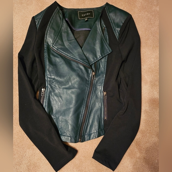 Entry Jackets & Blazers - Entry Women's Biker Jacket in Black and Blue Green Faux Leather